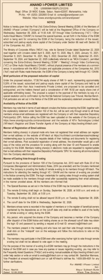 Notice of First Extra-Ordinary General Meeting (EGM) and Capital Reduction: Anand I-Power Limited