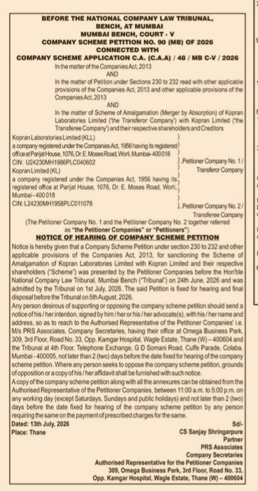 Notice of Hearing of Company Scheme Petition regarding the merger of Kopran Laboratories Limited with Kopran Limited .