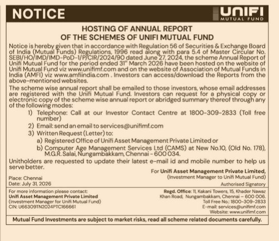 Notice of Hosting Annual Report for Unifi Mutual Fund Schemes (FY 2025-26)