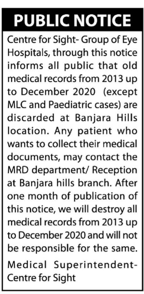 Notice of Intent to Destroy Old Medical Records (2013–2020) by Centre for Sight, Banjara Hills