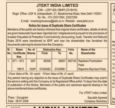 NOTICE OF ISSUE OF DUPLICATE DHARE CERTIFICATE
