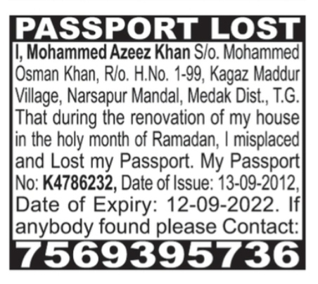 NOTICE OF LOSS OF PASSPORT - MOHAMMED AZEEZ KHAN