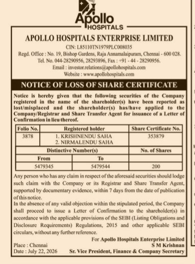 Notice of Loss of Share Certificate - Apollo Hospitals Enterprise Limited