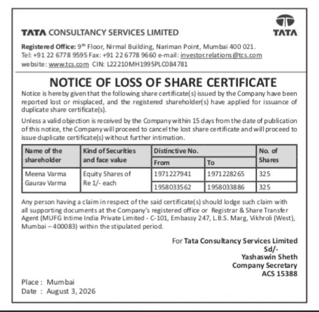 Notice of Loss of Share Certificate – Tata Consultancy Services Limited