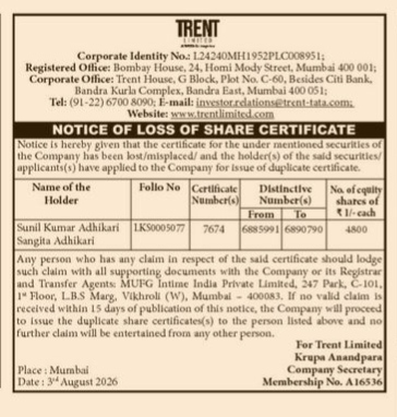 Notice of Loss of Share Certificate - Trent Limited
