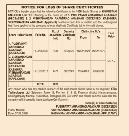 NOTICE OF LOSS OF SHARE CERTIFICATE