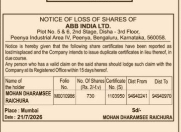 Notice of Loss of Share Certificates – ABB India Ltd.