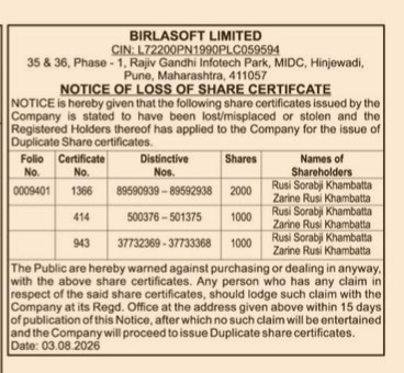 Notice of Loss of Share Certificates - Birlasoft Limited