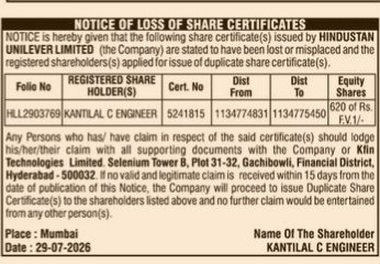 Notice of Loss of Share Certificates — Hindustan Unilever Limited