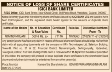 Notice of Loss of Share Certificates - ICICI Bank Limited