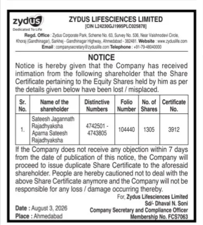 Notice of Loss of Share Certificates - Zydus Lifesciences Limited