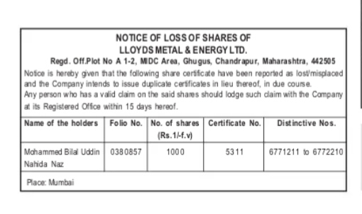 Notice of Loss of Shares - Lloyds Metal & Energy Ltd.