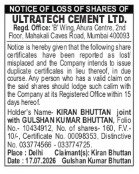 Notice of Loss of Shares - UltraTech Cement Ltd.