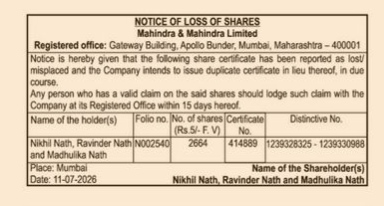NOTICE OF LOSS OF SHARES