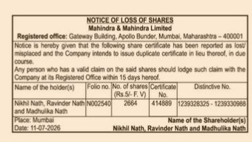 NOTICE OF LOSS OF SHARES