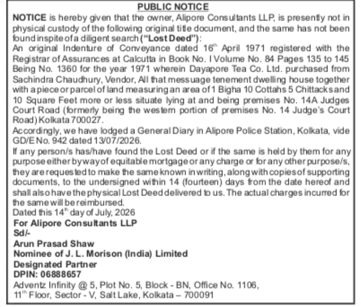 Notice of Lost Conveyance Deed – Alipore Consultants LLP