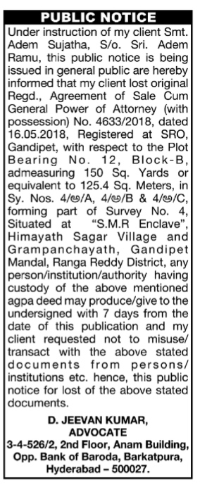 NOTICE OF LOST PROPERTY DOCUMENT - HIMAYATH SAGAR VILLAGE