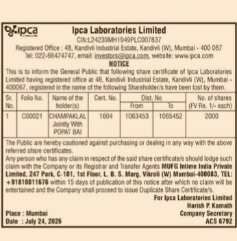 Notice of Lost Share Certificate — Ipca Laboratories Limited