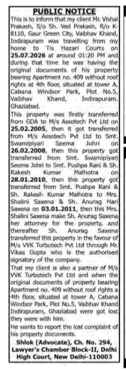 Notice of Lost Title Deeds – Apartment 409, Cabana Windsor Park
