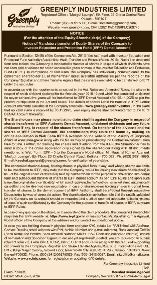 Notice of Mandatory Transfer of Equity Shares to IEPF Demat Account