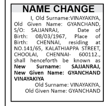 NOTICE OF NAME CHANGE - GYANCHAND VINAYAKIYA