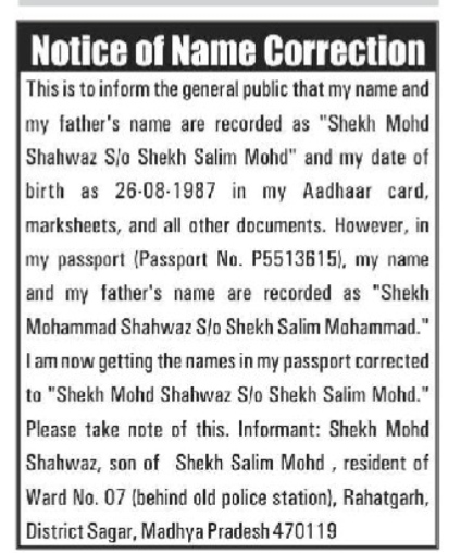 Notice of Name Correction.- Sheikh Mohd Shahwaz