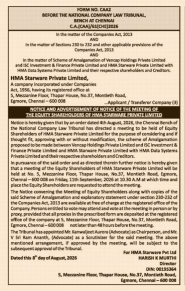 Notice of NCLT Convened Meeting of Equity Shareholders of HMA Starware Private Limited