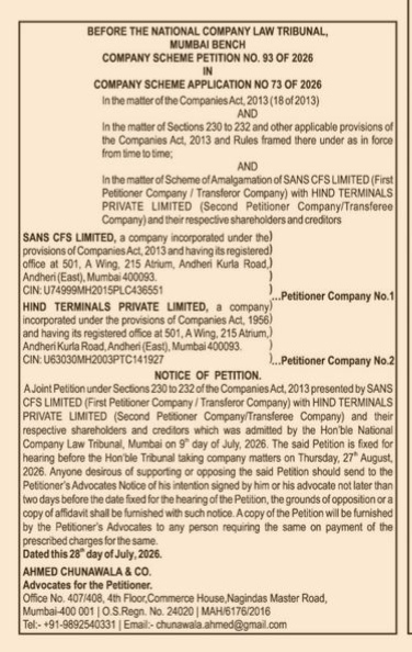 Notice of Petition for Amalgamation of SANS CFS Limited with Hind Terminals Private Limited