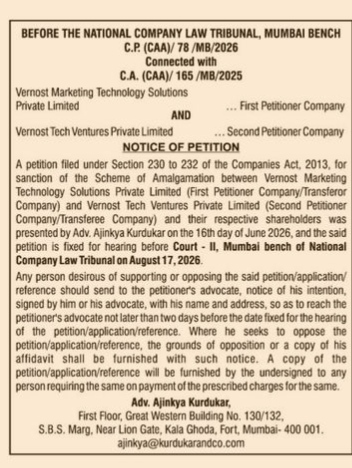 Notice of Petition for Amalgamation of Vernost Marketing Technology Solutions and Vernost Tech Ventures before NCLT Mumbai