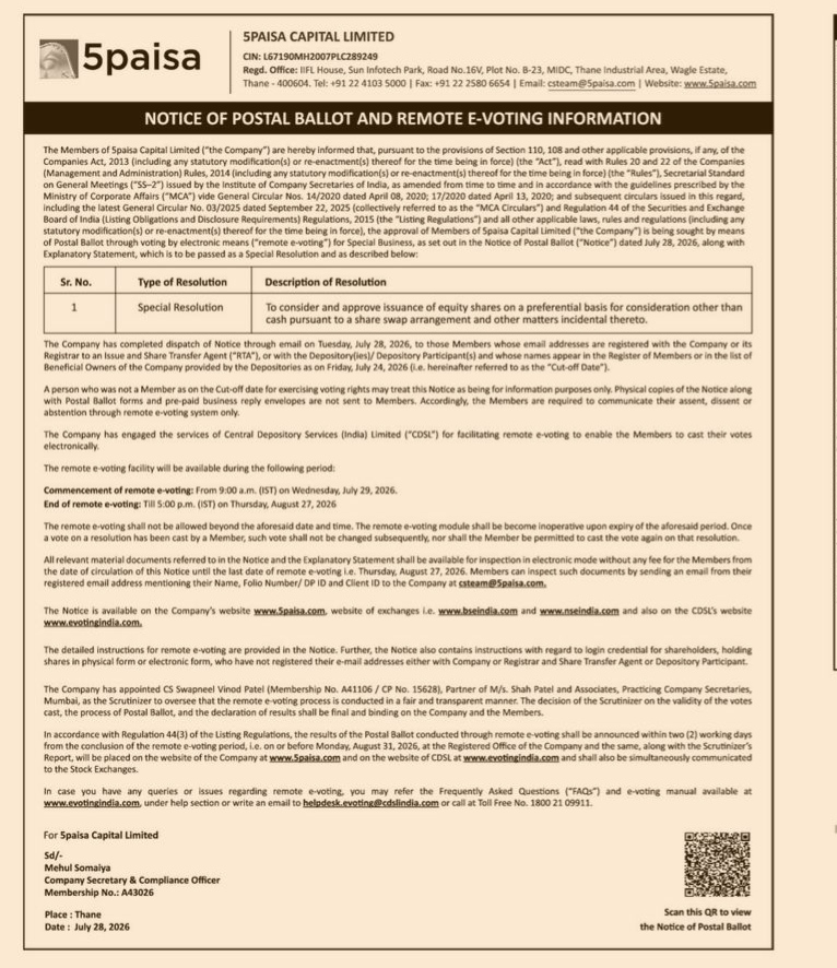 Notice of Postal Ballot and Remote E-Voting Information
