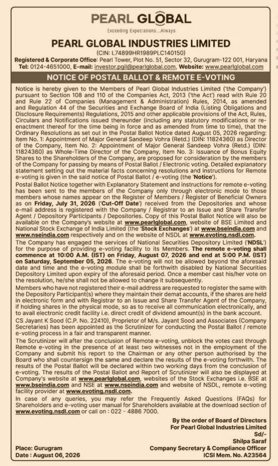 Notice of Postal Ballot and Remote E-Voting – Pearl Global Industries Limited