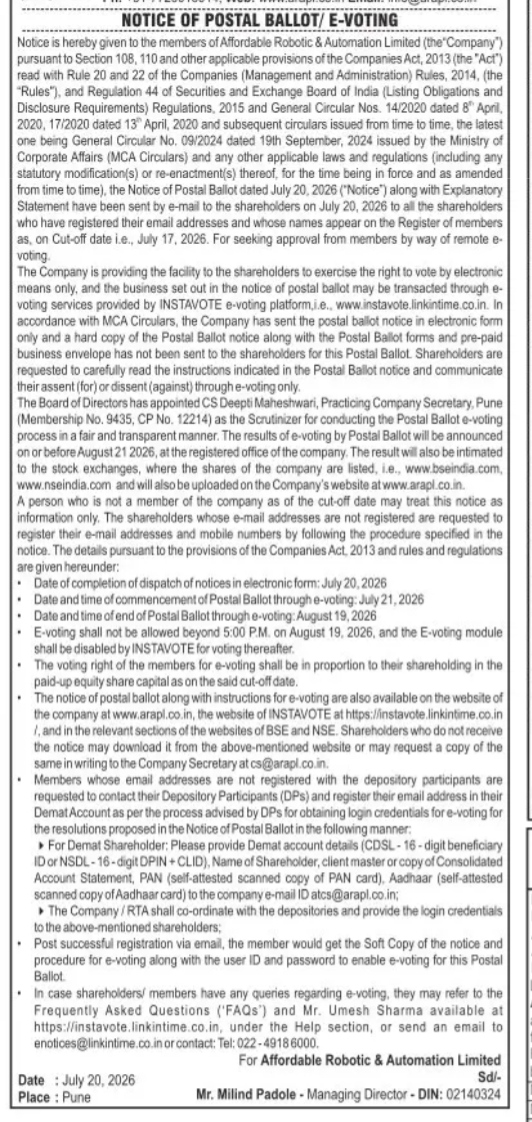 Notice of Postal Ballot / E-Voting for Affordable Robotic & Automation Limited