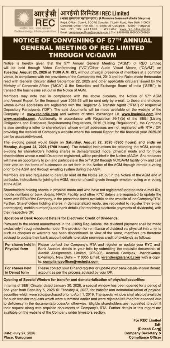 Notice of REC Limited's 57th Annual General Meeting