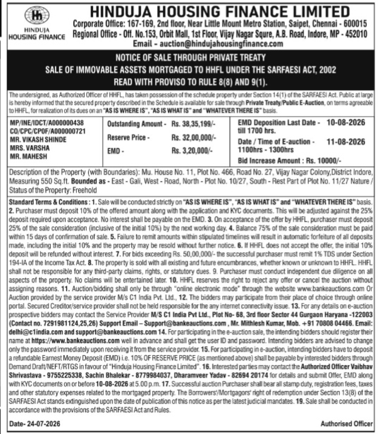 Notice of Sale through Private Treaty — Hinduja Housing Finance Limited