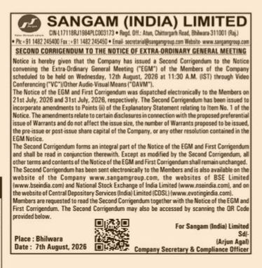 Notice of Second Corrigendum to the EGM of Sangam (India) Limited