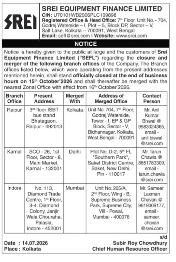 NOTICE OF SERI EQUIPMENT FINANCE LIMITED