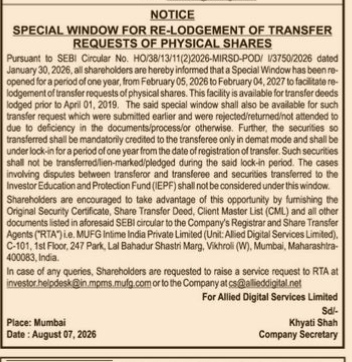 Notice of Special Window for Re-Lodgement of Transfer Requests of Physical Shares