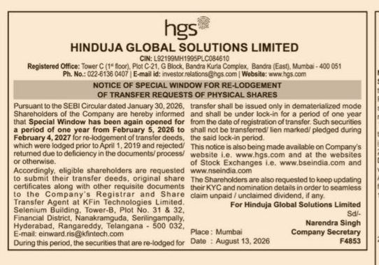 Notice of Special Window for Re-Lodgement of Transfer Requests of Physical Shares