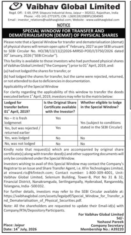 Notice of Special Window for Transfer and Dematerialisation (DEMAT) of Physical Shares – Vaibhav Global Limited