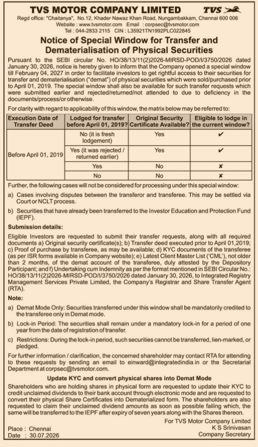 Notice of Special Window for Transfer and Dematerialisation of Physical Securities by TVS Motor Company Limited