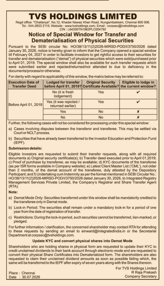 Notice of Special Window for Transfer and Dematerialisation of Physical Securities