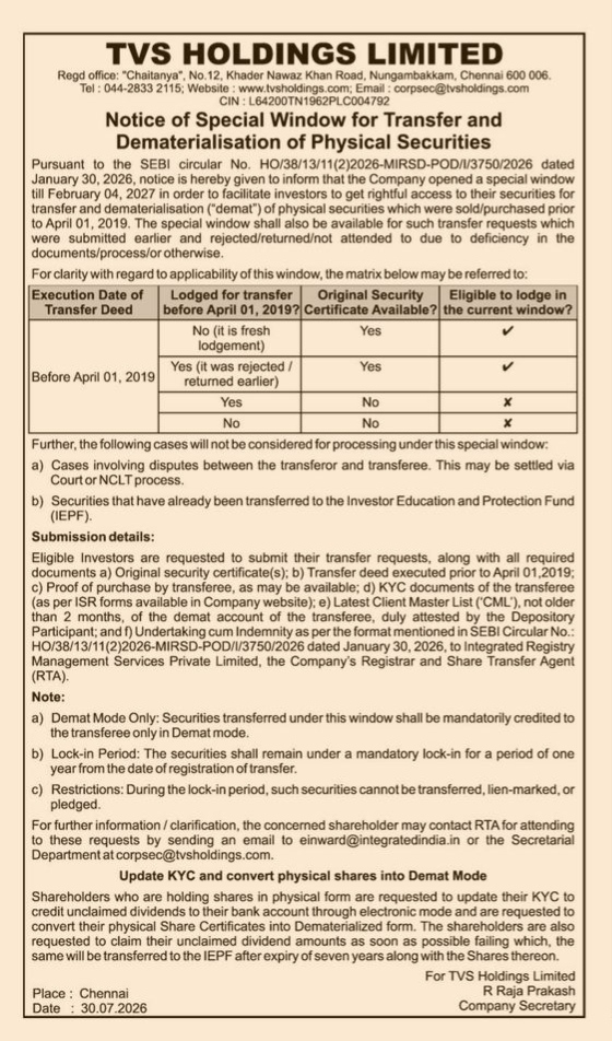 Notice of Special Window for Transfer and Dematerialisation of Physical Securities