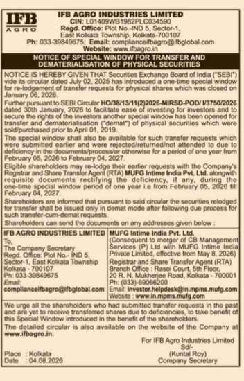 Notice of Special Window for Transfer and Dematerialisation of Physical Securities