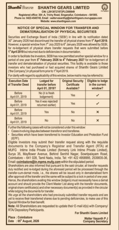 Notice of Special Window for Transfer and Dematerialisation of Physical Securities