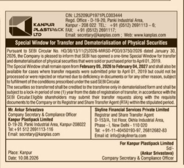 Notice of Special Window for Transfer and Dematerialisation of Physical Securities