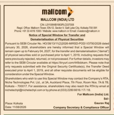 Notice of Special Window for Transfer and Dematerialisation of Physical Securities