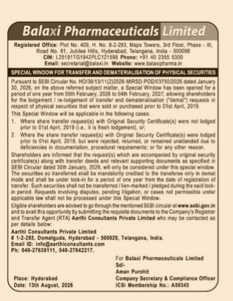 Notice of Special Window for Transfer and Dematerialisation of Physical Securities