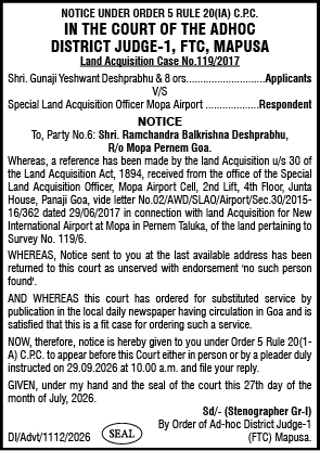 Notice of Substituted Service under Order 5 Rule 20(1A) C.P.C. in Land Acquisition Case No. 119/2017