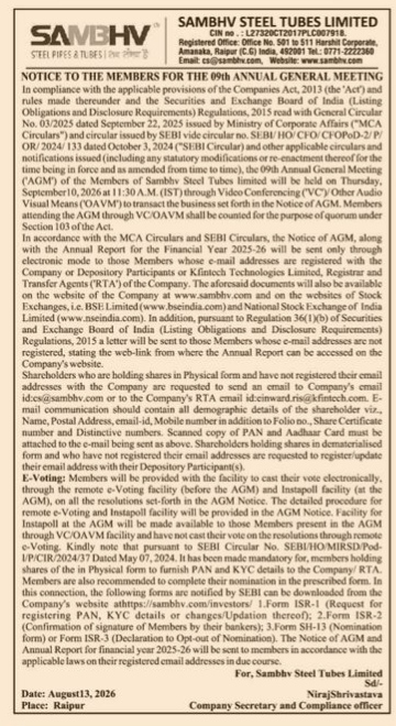 Notice of the 09th Annual General Meeting of Sambhv Steel Tubes Limited