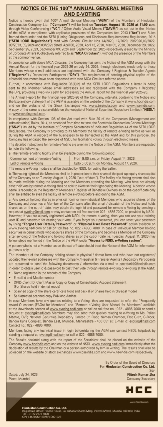 NOTICE OF THE 100th ANNUAL GENERAL MEETING AND E-VOTING